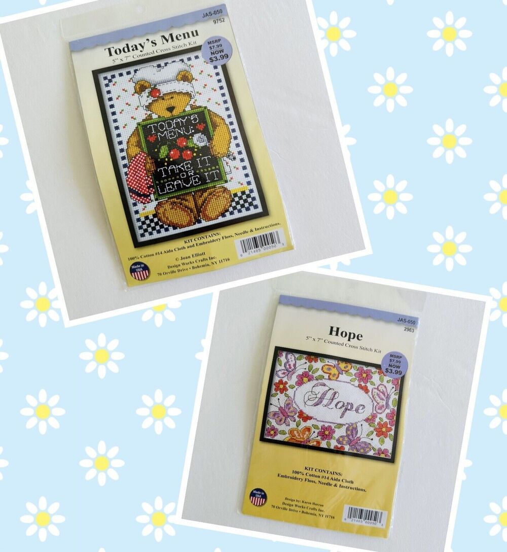 Set Of 2 Vintage Counted Cross Stitch Kits 5x7 Design Works Crafts Hope & Menu
